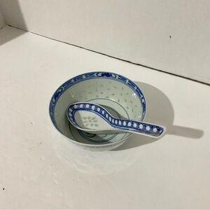 Antique Chinese Blue White Porcelain Bowl + Spoon